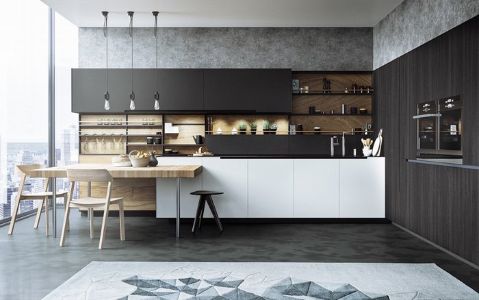 Thiết kế nội thất, nhà bếp với Đen - Trắng - Gỗ ,màu đẹp thiết kế bếp,kitchen design