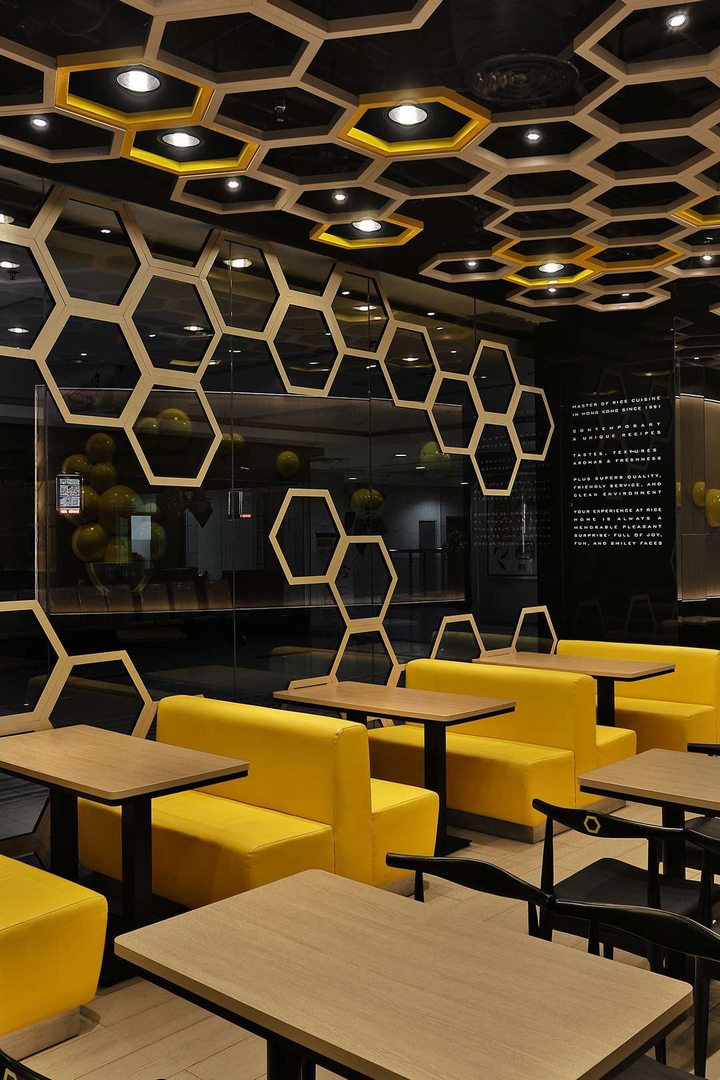 Ý tưởng thiết kế cafe,cafe trẻ trung,cafe ngọt ngào tươi sáng ,mật ong và tổ ong ,thiết kế nhà hàng lục giác